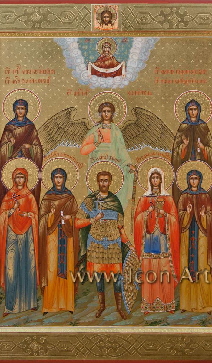 Фото: Семейная икона: Покров Пресвятой Богородицы и святые: прп. Кира Берийская, Ангел Хранитель, прп. Мария Радонежская, мц. Галина Коринфская, прпмц. Василисса Египетская, мч. Иоанн Воин, вмц. Варвара, прп. Ирина Капподокийская  