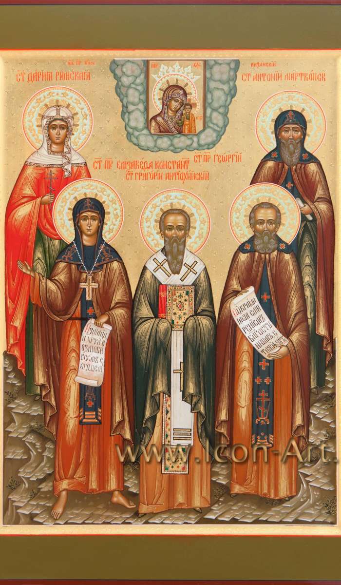 Фото: Семейная икона: Казанская икона Богородицы и святые: мц. Дария Римская, прп. Елизавета Константинопольская, свт. Григорий Антиохийский. прп. Георгий, прп. Антоний Марткопский