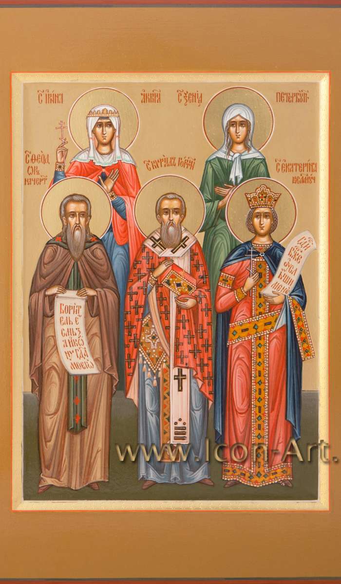 Фото: Семейная икона. Святые: мц. Ирина Аквилейская, блаж. Ксения Петербуржская, прп. Феодор Начертанный, свт. Кирилл Гортинский, вмц. Екатерина