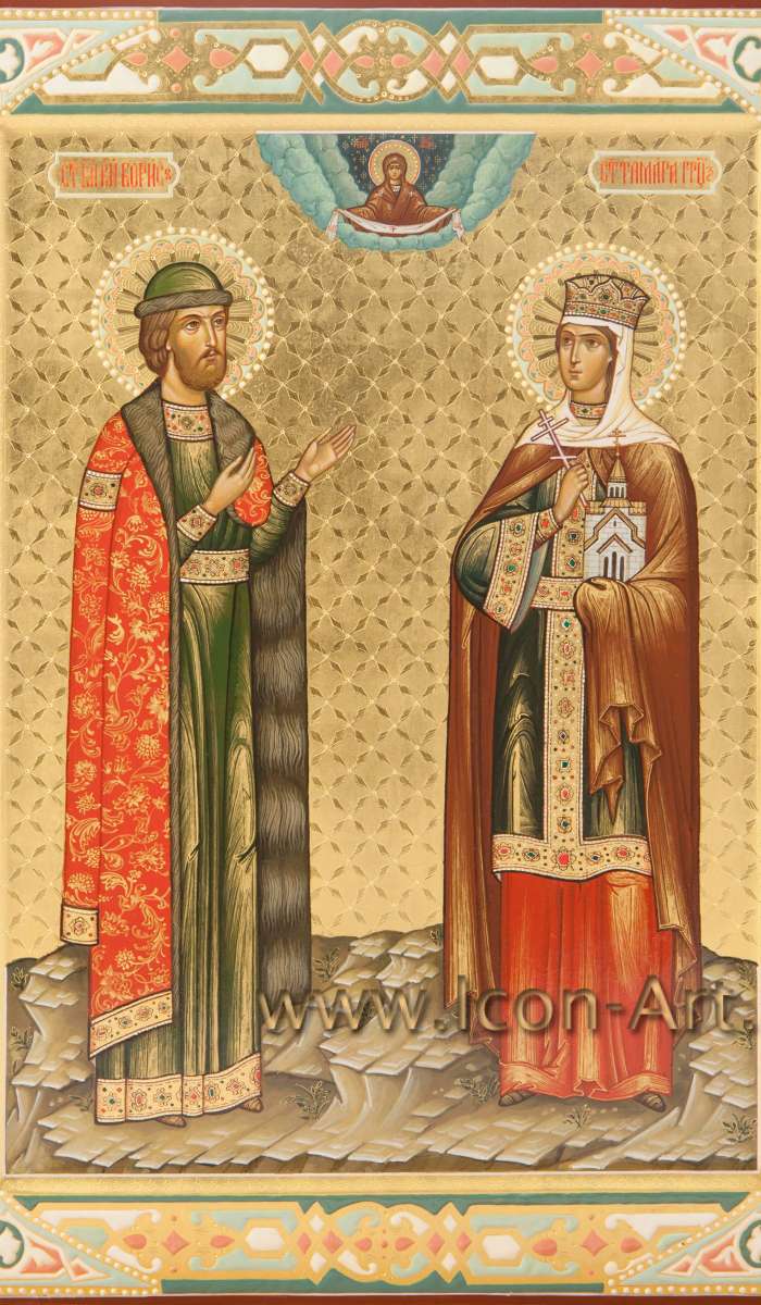 Фото: Семейная икона. Покров Пресвятой Богородицы и святые: благ. кн. Борис и св. царица Тамара Грузинская, на полях св. Петр и Феврония Муромские