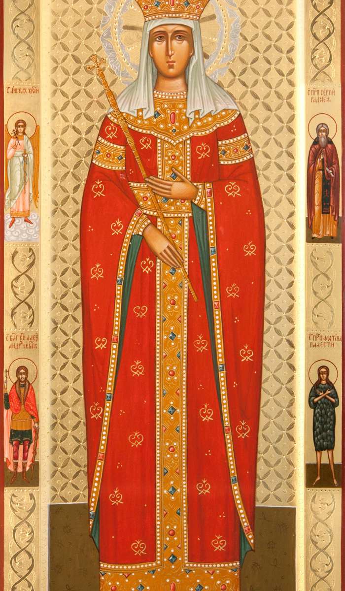 Фото: Святая благоверная царица Елена Сербская, на полях святые: Ангел Хранитель, прп. Сергий Радонежский, бл.кн. Александр Невский, прп. Фотиния Палестинская