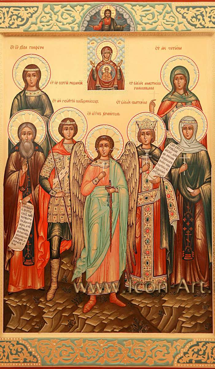 Фото: Семейная икона. Пресвятая Богородица «Знамение», святые: пр. Глафира, мц. Татиана, прп. Сергий, мч. Георгий, Ангел Хранитель, вмц. Екатерина, вмц. Анастасия
