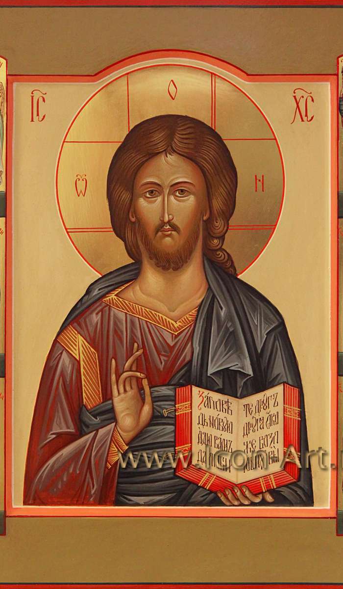 Фото: Господь Вседержитель со святыми на полях: святой Ангел Хранитель, вмч. Георгий, прп. Сергий Р., вмц. Варвара, мц. Надежда, мц. Аполлинария