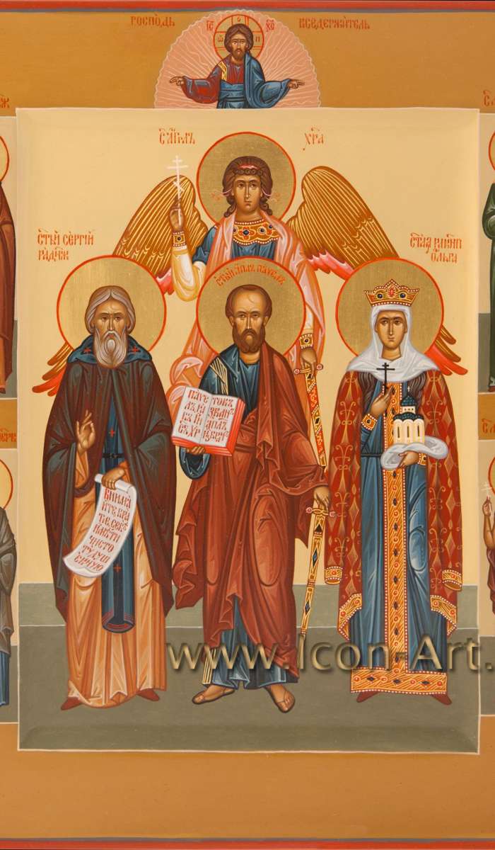 Фото: Семейная икона: св. Ангел Хранитель, прп. Сергий Радонежский, ап. Павел, бл. кн. Ольга, на полях: прп. Савва Сторожевский, бл. Матрона Московская, ап. Андрей, прп. Мария Египетская 
