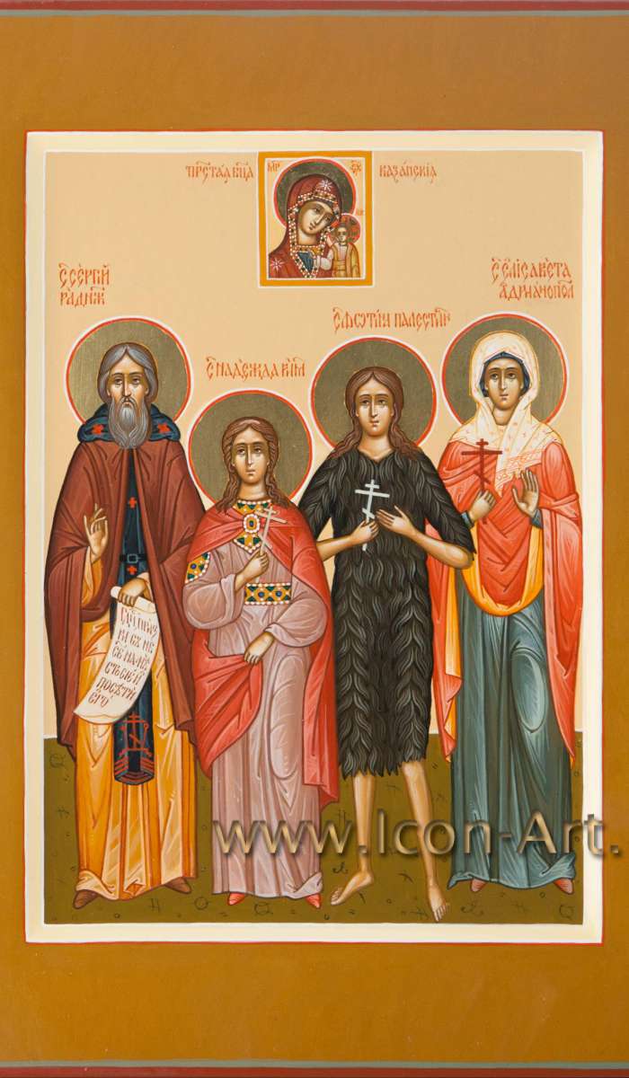 Фото: Семейная икона: Пресвятая Богородица «Казанская», святые: прп. Сергий Радонежский, мц. Надежда Римская, прп. Фотиния Палестинская, мц. Елисавета Адрианопольская