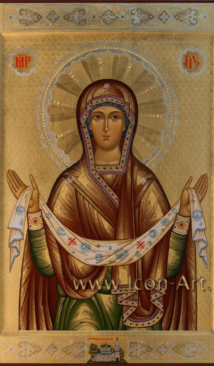 Фото: Покров Пресвятой Богородицы с избранными святыми: Ангел Хранитель, мч. Евгений Трапезундский, кн. Игорь Черниговский, мц. Лидия, кн. Олег Брянский, мц. Татиана, прп. Сергий Исавваит, мц. Ирина Аквилейская