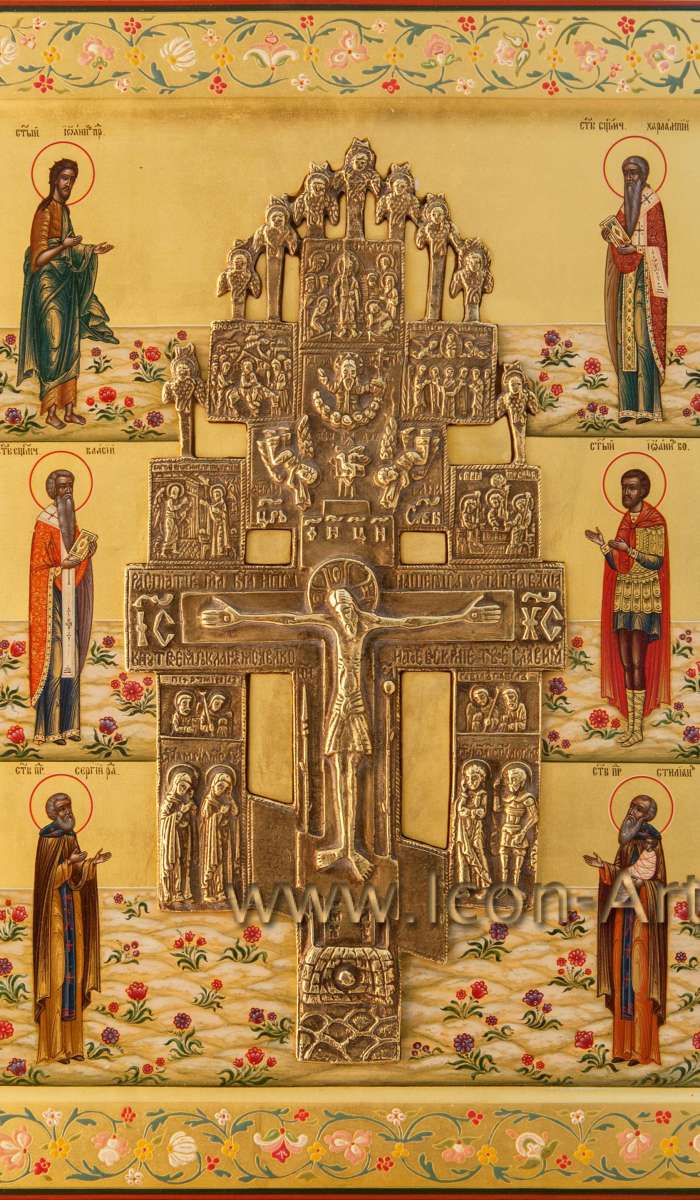 Фото: Икона с врезным крестом. Распятие с избранными святыми: св. Иоанн Предтеча, святитель Харлампий, святитель Власий Севастийский, мч. Иоанн Воин, прп. Сергий Радонежский , прп. Стилиан Пафлогонянин