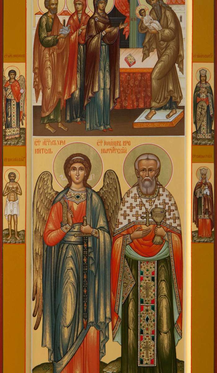 Фото: Мерная икона: Сретение Господне, Ангел Хранитель и святой праведный Иоанн Кронштадтский, святые на полях: Святая Троица, Архангел Михаил, вмц. Екатерина, ст. Василий Блаженный, ст. равноап. Елена 