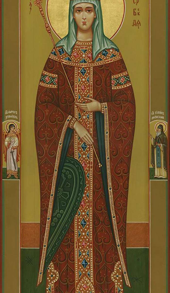 Фото: Святая королева Елена Сербская. На полях иконы святой Ангел Хранитель и святой Силуан Афонский.