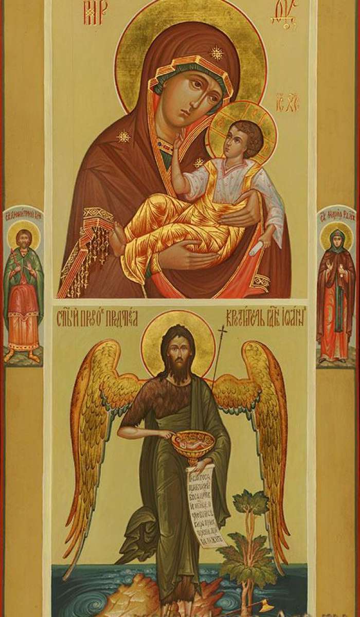 Фото: Иоанн Предтеча. Икона Богородицы «Словенская». На полях иконы святой Димитрий Константинопольский и святая Мария Радонежская
