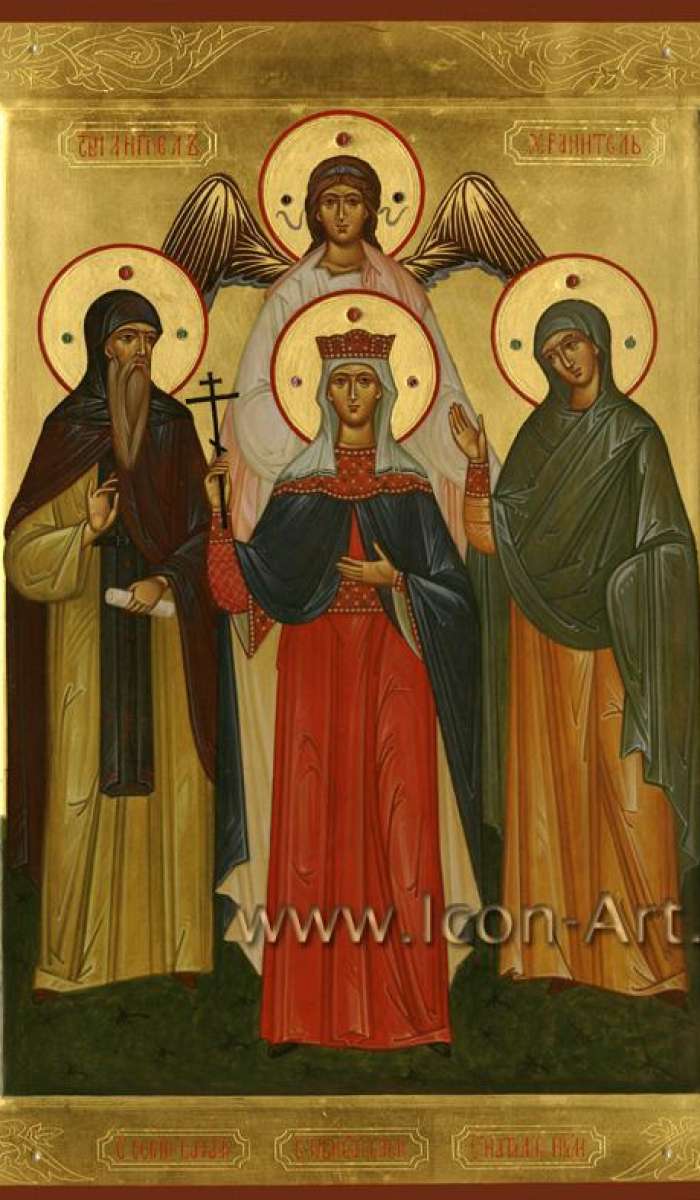 Фото: Семейная икона. Святой преподобный Сергий Валаамский, святая равноапостальная царица Елена Константинопольская, святая мученица Наталия Никомедийская и Ангел Хранитель