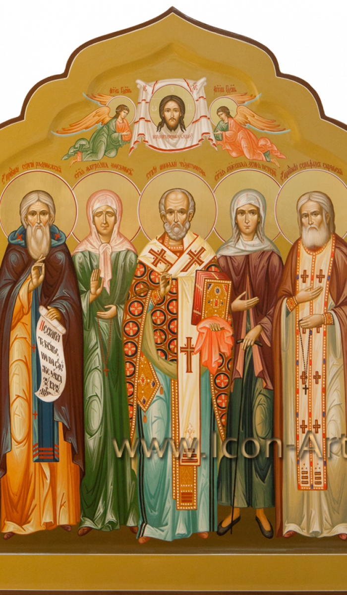 Фото: Семейная икона: прп. Сергий Радонежский, блаж. Матрона Московская, святитель Николай Чудотворец, блаж. Ксения Петербуржская, прп. Серафим Саровский 