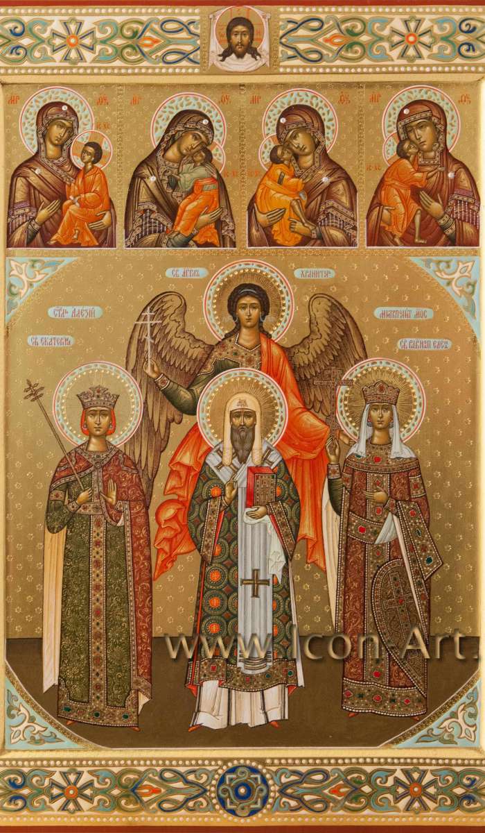 Фото: Семейная икона: Ангел Хранитель, святая вмц. Екатерина, свт. Алексий Московский, равноап. царица Елена с избранными иконами Богородицы