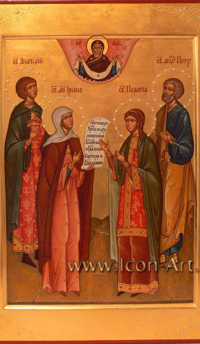 Фото: Семейная икона. Святой Анатолий, святая мц. Ирина Коринфская, святая Пелагея и святой апостол Петр. Сверху Покров Пресвятой Богородицы