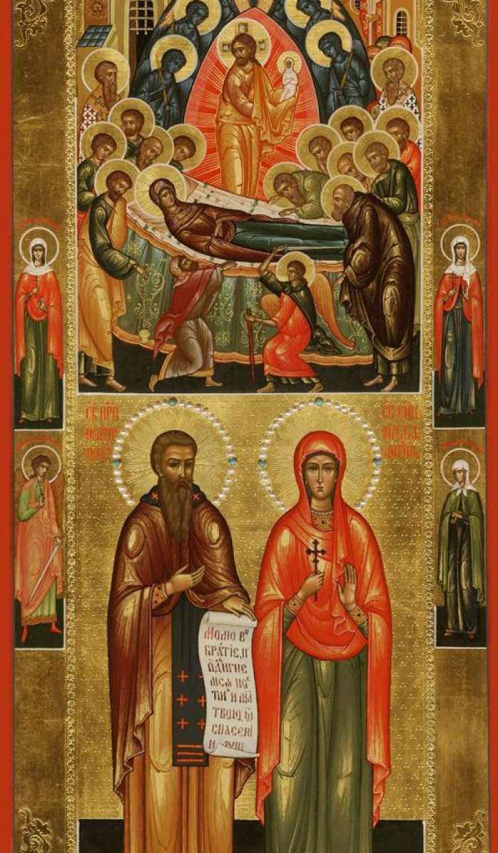 Фото: Святой игумен Феодосий Печерский, святая велимуч. Маргарита Антиохийская. Успение Пресвятой Богородицы. На полях иконы святая мц. Ирина Египетская, святой Ангел Хранитель, святая мц. Вера Римская и святая блаженная Матрона Московская