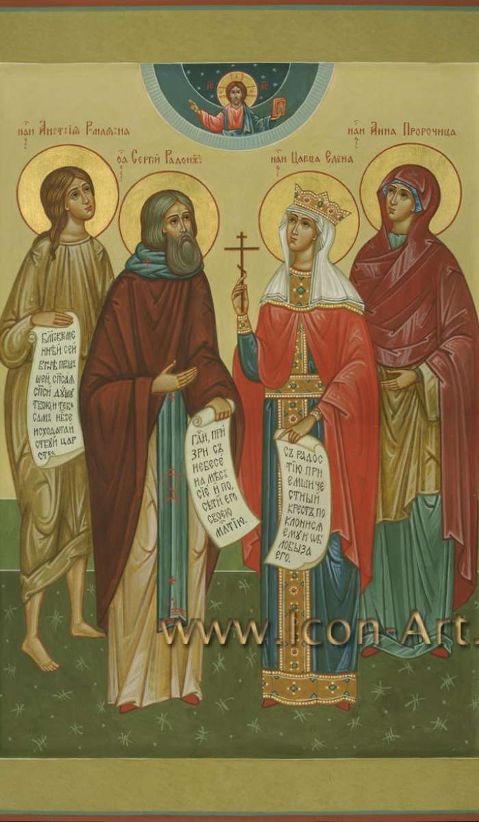 Фото: Семейная икона. Святая Анастасия Римляныня, святой прп. Сергий Радонежский, святая царица Елена и святая Анна Пророчица.