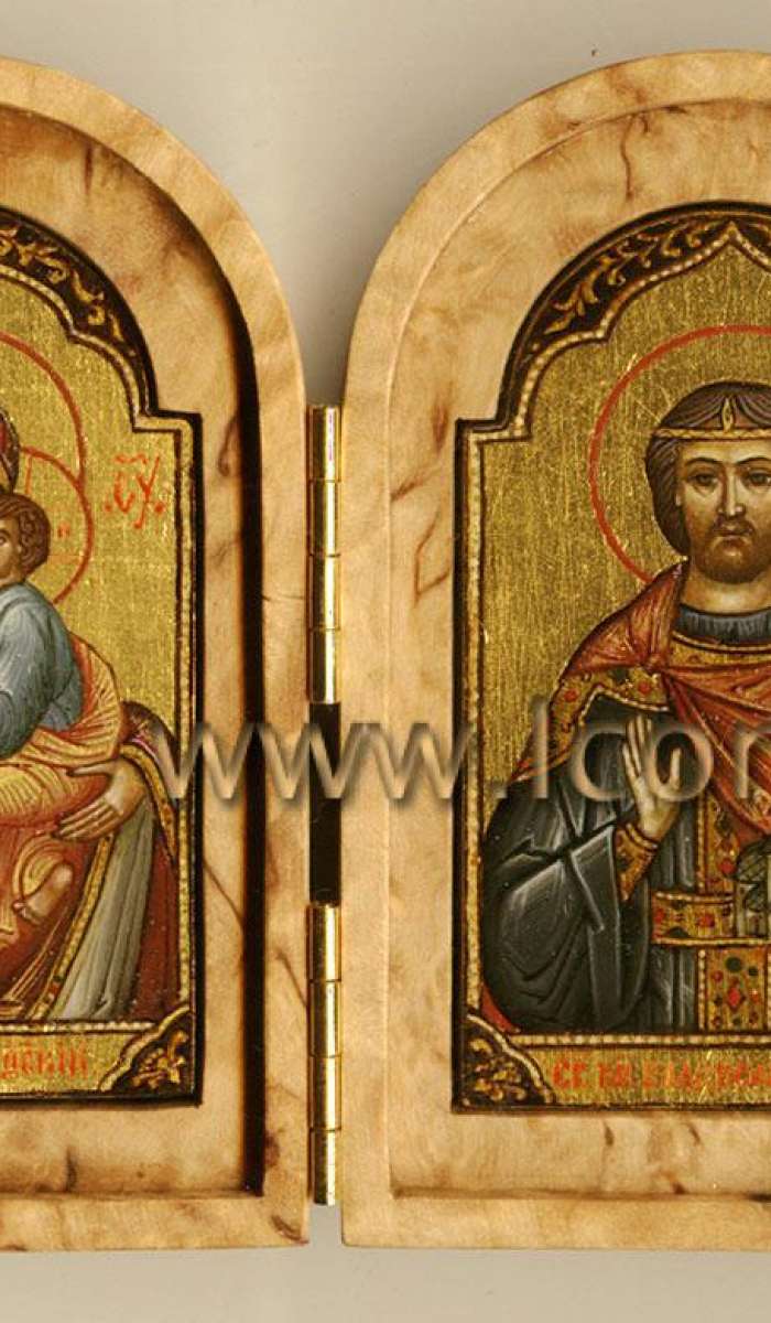 Фото: Скаладень из карельской березы с Владиславом Сербским и Пресвятой Богородицей «Лидская»