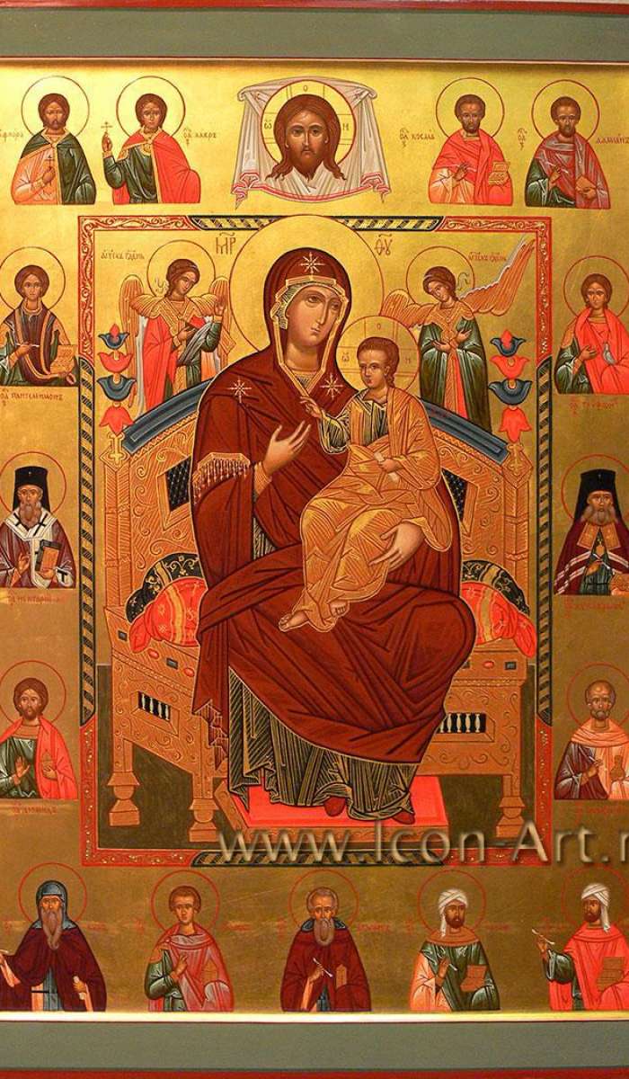 Фото: Икона Пресвятой Богородицы «Всецарица». На полях иконы: святые Флор и Лавр, Косма и Дамиан, великомуч. Пантелеимон, мч. Трифон, Нектарий Эгинский, Лука Крымский, Диомид, Кир, Иоанн, Агапит, Коссма и Дамиан. 