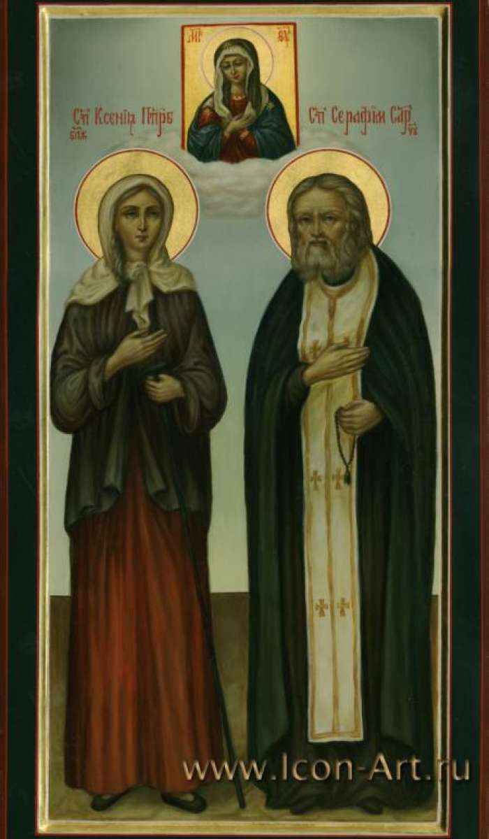 Фото: Икона Пресвятой Богородицы «Умиление». Святая Ксения Петербургская Христа ради юродивая и святой прп. Серафим Саровский. Девочка Ксения родилась в День памяти святого прп. Серафима. Вверху мерной иконы изобажен образ Пресвятой Богородицы, н
