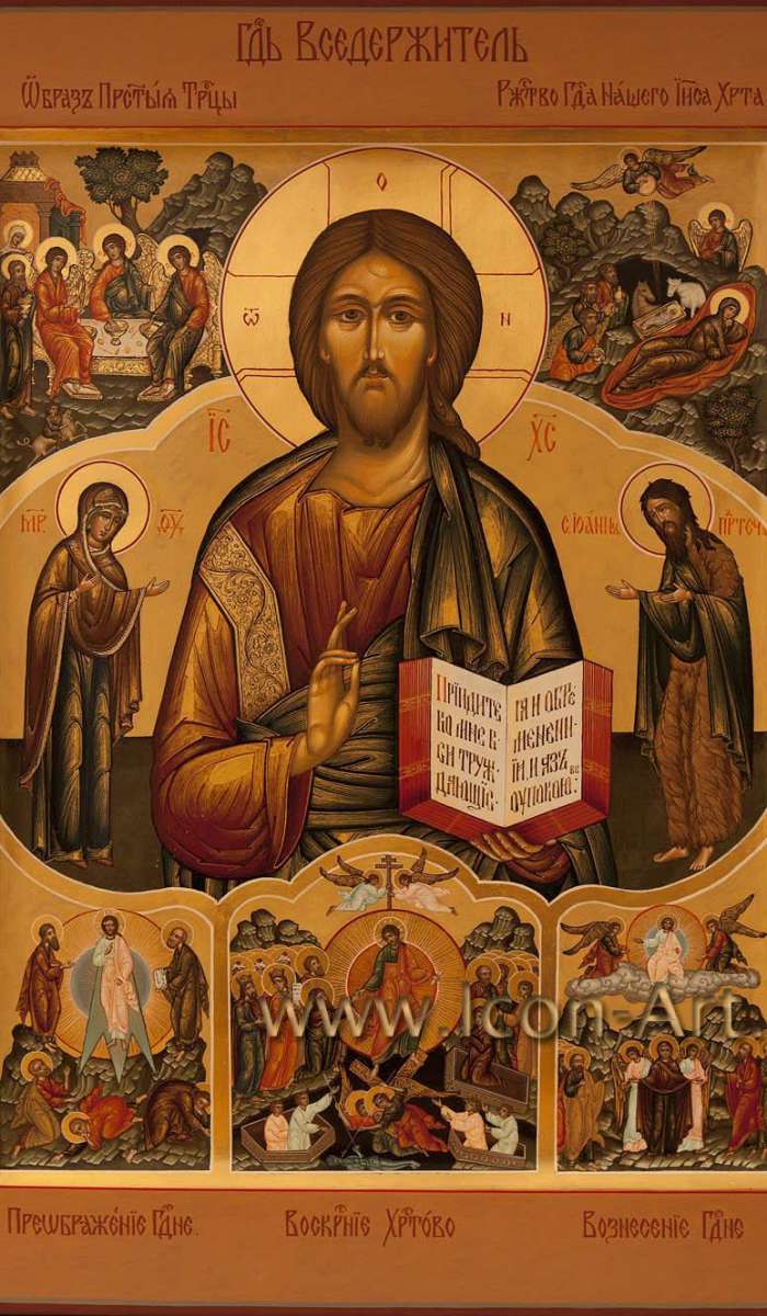 Фото: Спаситель, Пресвятая Богородица, Иоанн Предтеча, святой праведный Иаким, святой Иосиф Волоцкий, святая праведная Анна, Святой Сергий Радонежский, святой Савва Освященный. Образ Святой Троицы, Рождество Христово, Прображение, Воскресение, Во