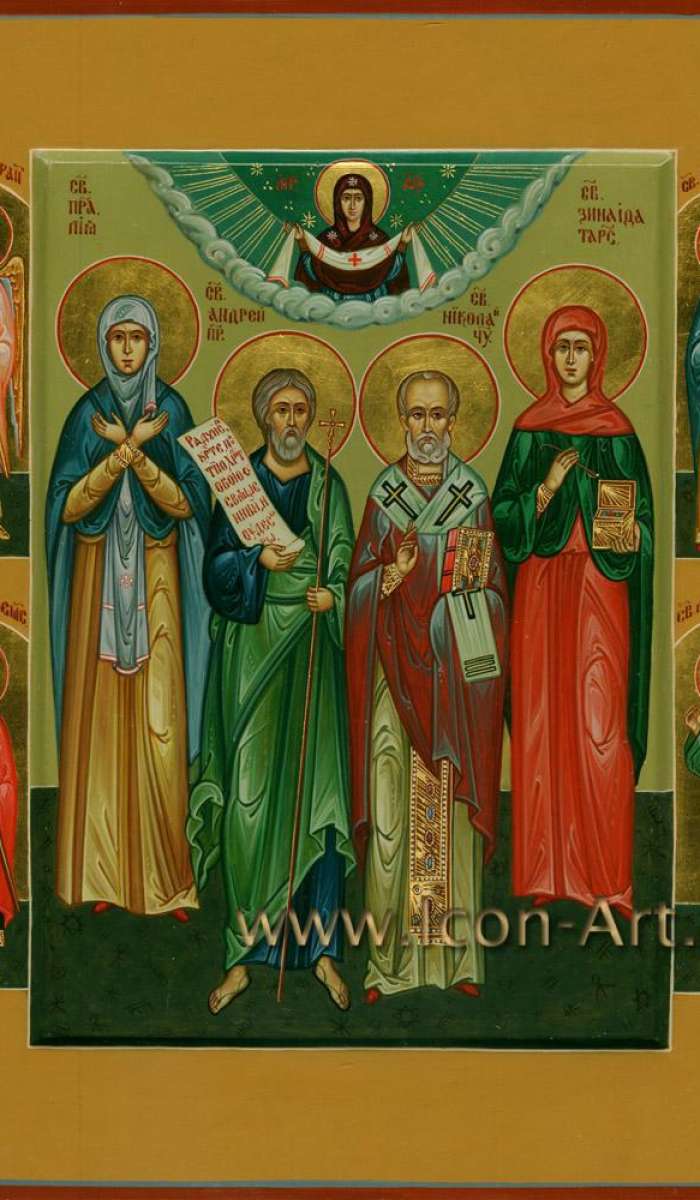 Фото: Семейная икона. Святая праведная Лия, святой ап. Андрей Первозванный, святой Николай Чудотворец, святая Зинаида Тарсийская. На полях иконы: святой Ангел Хранитель, святой Спиридон Тримифунтский, святой Вячеслав Чешский и святая Матрона Моск