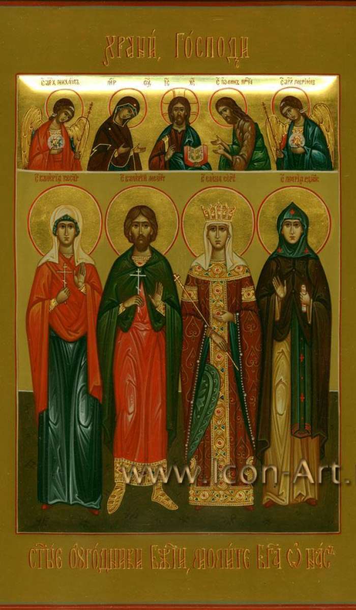 Фото: Семейная икона. Святая Валерия Кесарийская, святой Валерий Мелитинский, святая Елена Сербская, святая Мария Радонежская. Сверху: Господь Вседержитель, Пресвятая Богородица, Святой Иоанн Предтеча, святой Архангел Михаил и святой Арханегел Га