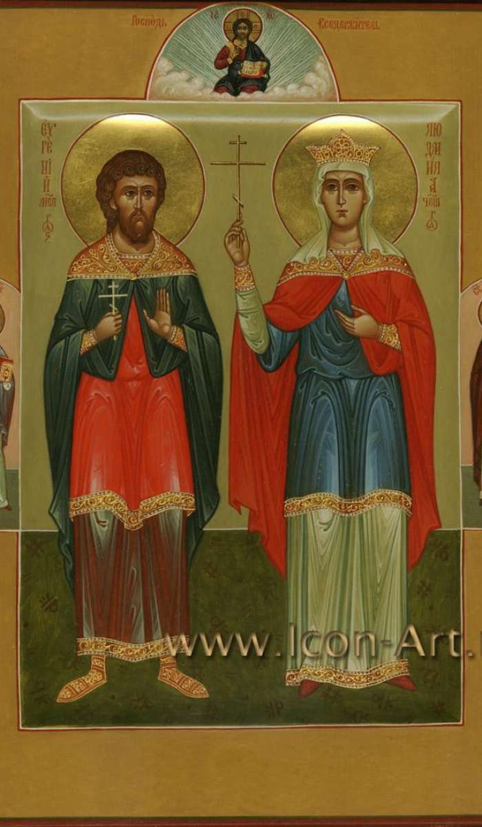 Фото: Святой Евгений Мелитинский и святая Людмила Чешская. На полях иконы: святой Николай Чудотворец и святой Герасим Иорданский.