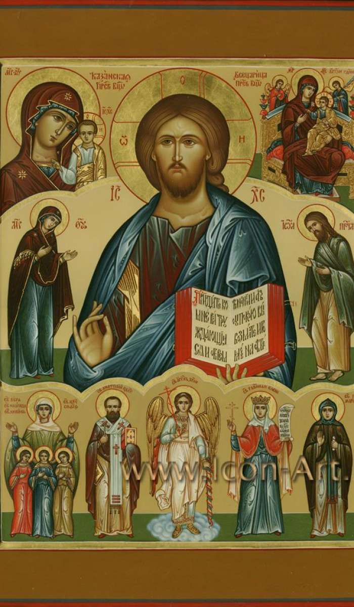 Фото: Семейная икона. Господь Вседержитель, Пресвятая Богородица, святой Иоанн Предтеча, Образ Казанской Пресвятой Богородицы и Образ Пресвятой Богородицы Всецарицы, святые Вера, Надежда, Любовь и их  мать София, святой Анатолий Одесский, святой 