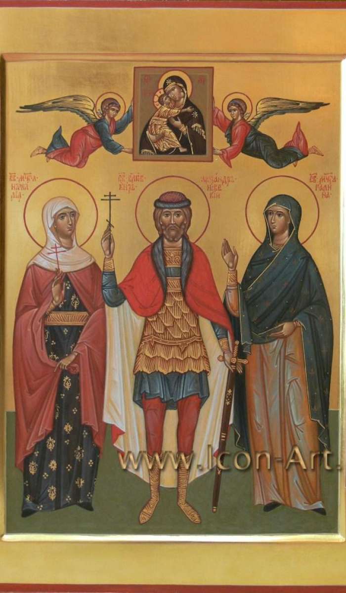 Фото: На иконе изображены:  святой блгв. князь Александр Невский, святая мц. Наталия и святая мц. Галина. На полях изображены: святой Ангел Хранитель, святой Николай Чудотворец, святой Митрофан Воронежский, святая блж. Матрона.