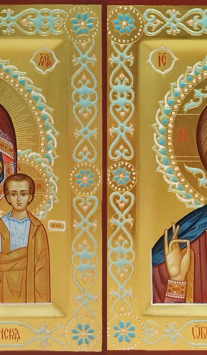 Фото: Венчальная пара с иконой Богороидцы "Казанская"