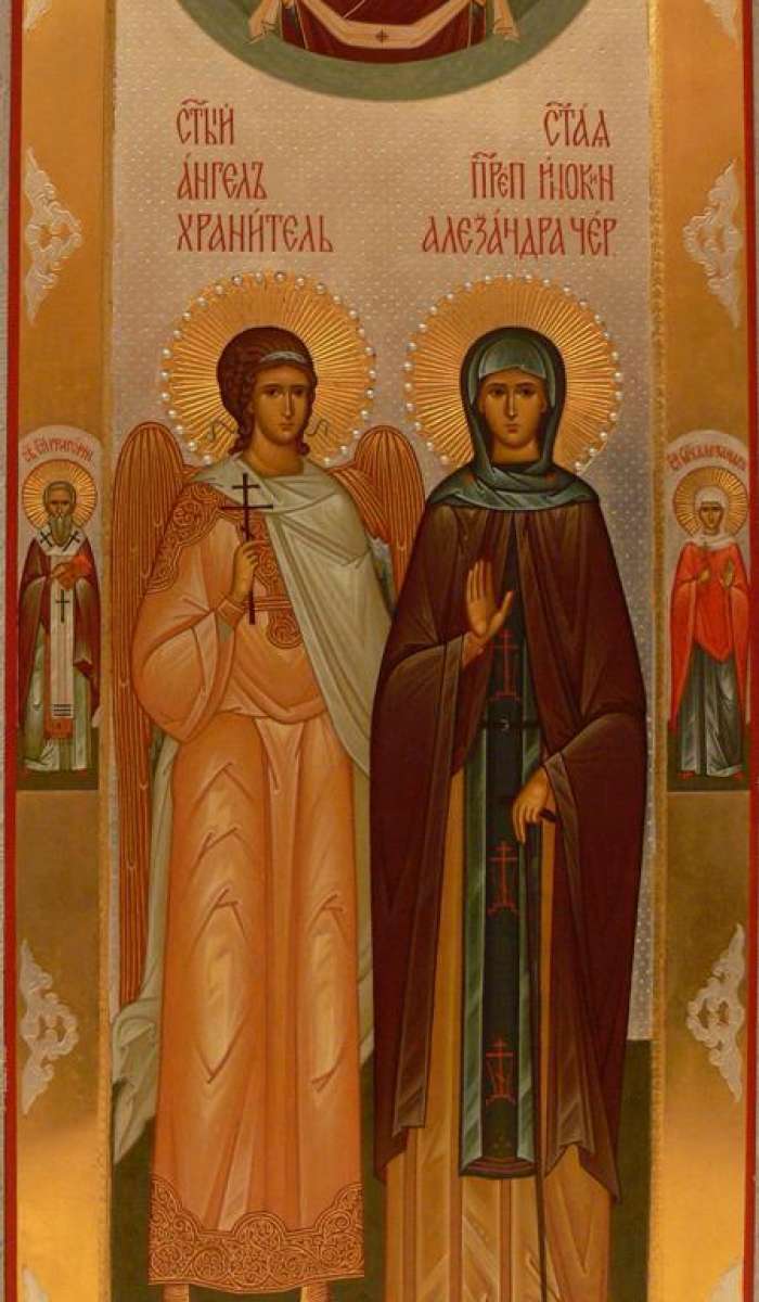 Святая преподобная инокиня Александра Червякова и святой Ангел Хранитель. Сверху Покров Пресвятой Богородицы. На полях иконы: святой епископ Григорий и святая мученица Александра. — фотография Фото: Святая преподобная инокиня Александра Червякова и святой Ангел Хранитель. Сверху Покров Пресвятой Богородицы. На полях иконы: святой епископ Григорий и святая мученица Александра.