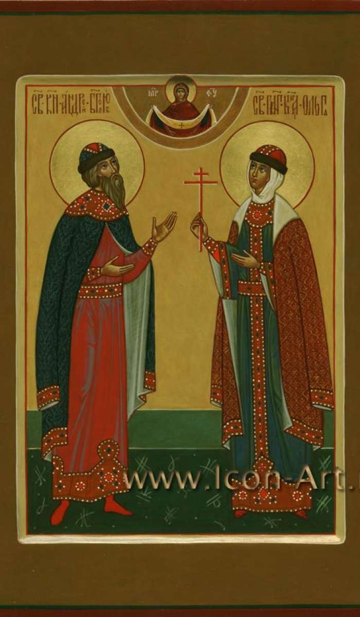 Фото: Семейная икона. Святой великий князь Андрей Боголюбский и святая равноап. княгиня Ольга. Сверху Покров Пресвятой Богородицы