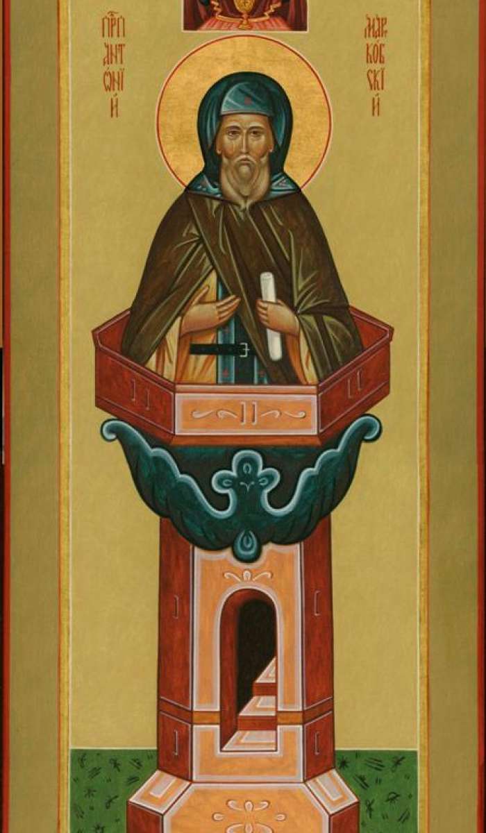 Фото: Святой столпник Антоний Марткобский, Иверский (один из основателей грузинского моношества). Сверху образ Пресвятой Богородицы «Неупиваемая Чаша»