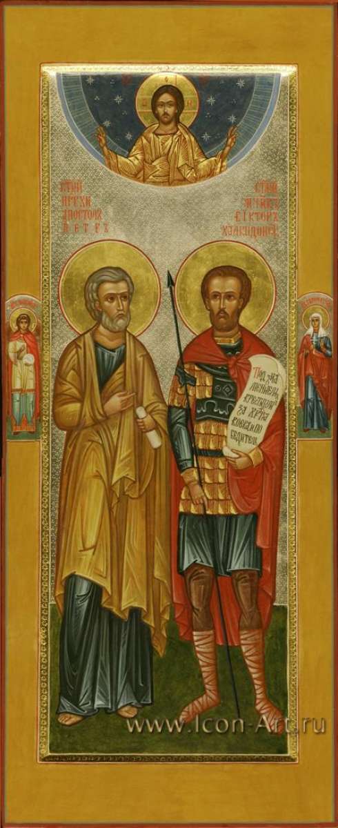 Фото: Святой первоверховный ап. Петр и святой мч. Виктор Халкидонский. Сверху благословляющий Господь Вседержитель. На полях иконы святой архангел Михаил и святая мц. Галина Коринфская