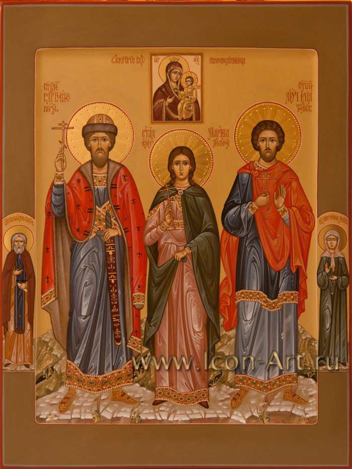 Фото: Семейная икона. Святой князь Борис, святая Марина Антиохийская и святой мученик Илия Томский