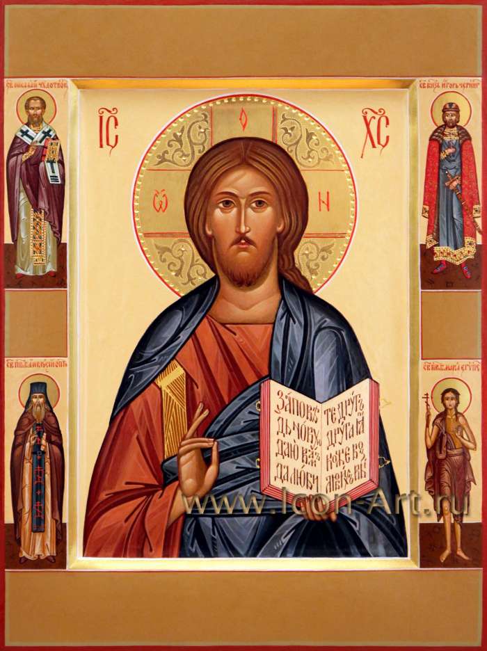 Фото: Икона Спасителя с избранными святыми: свт. Николай Чудотворец, бл.кн. Игорь Черниговский, прп. Амвросий Оптинский, прп. Мария Египтеская 