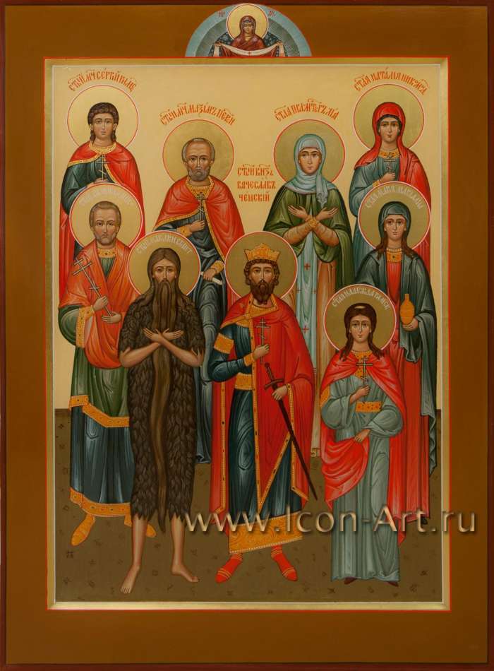 Фото: Семейная икона: святые: мч. Сергий Римский, мч. Максим Пресидский, прав. Лия, мц. Наталия Никомедийская, мч. Андрей Лапмсакийский, прп. макарий Египтеский, бл. кн. Вячеслва Чешский, прп. Мария Магдалина, мц. Надежда Римская 