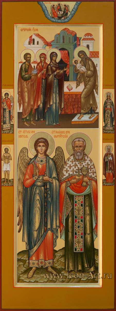 Фото: Мерная икона: Сретение Господне, Ангел Хранитель и святой праведный Иоанн Кронштадтский, святые на полях: Святая Троица, Архангел Михаил, вмц. Екатерина, ст. Василий Блаженный, ст. равноап. Елена 