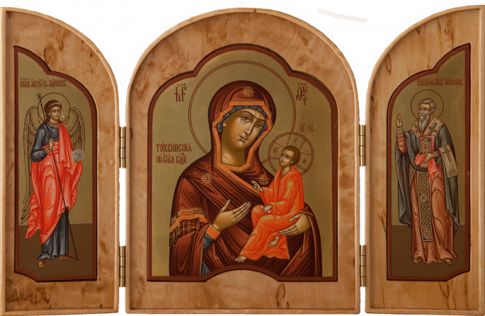 Фото: Складень: Пресвятая Богородица «Тихвинская», Архангел Михаил и св. Иоанн Милостивый