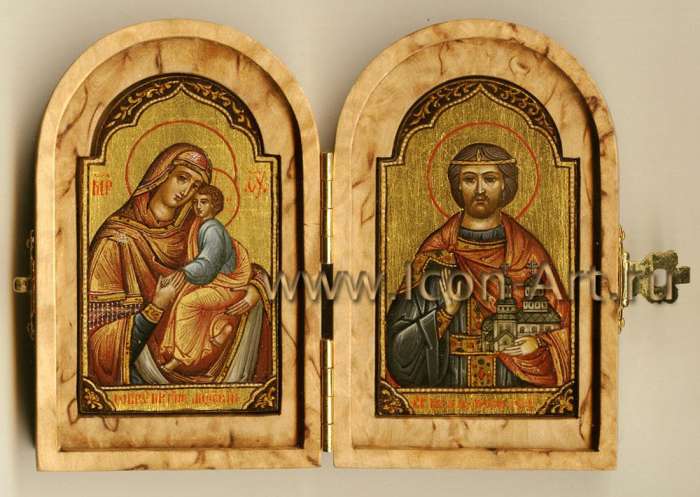 Фото: Скаладень из карельской березы с Владиславом Сербским и Пресвятой Богородицей «Лидская»