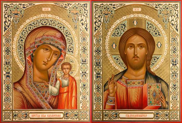 Фото: Венчальная пара с иконой Богородицы «Казанская»