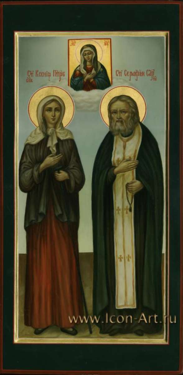 Фото: Икона Пресвятой Богородицы «Умиление». Святая Ксения Петербургская Христа ради юродивая и святой прп. Серафим Саровский. Девочка Ксения родилась в День памяти святого прп. Серафима. Вверху мерной иконы изобажен образ Пресвятой Богородицы, н