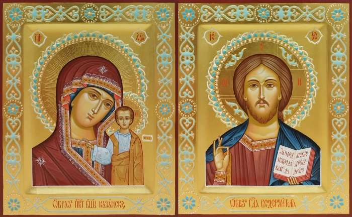 Фото: Венчальная пара с иконой Богороидцы "Казанская"