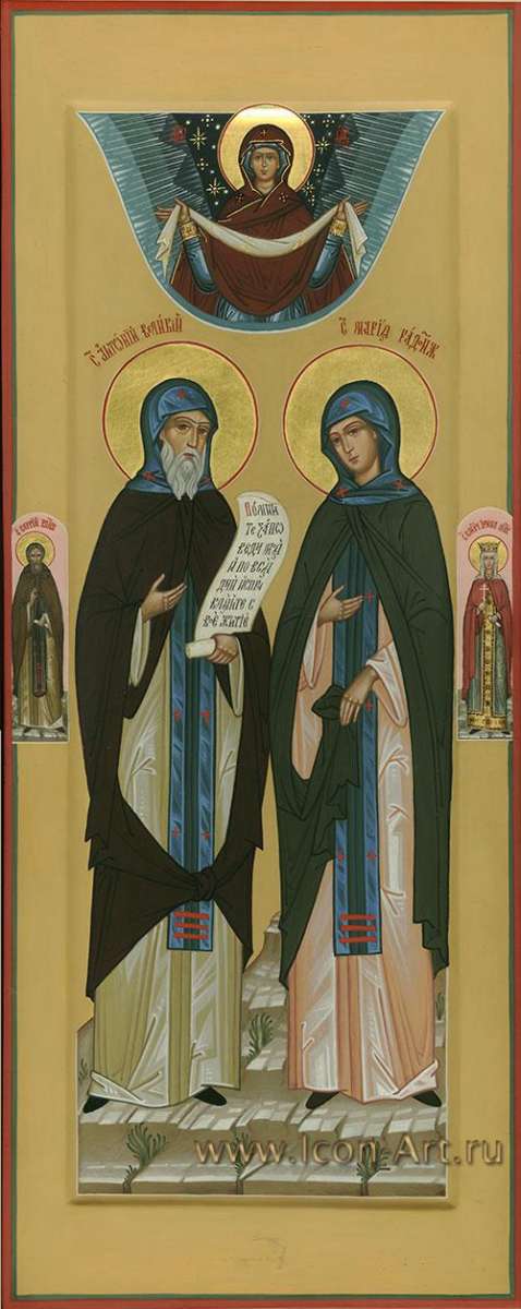 Фото: Святой прп. Антоний Великий и святая прп. Мария Радонежская. На полях иконы: святой Сергий Радонежский, святая великомуч. Ирина Македонская. Сверху покров Пресвятой Богородицы.