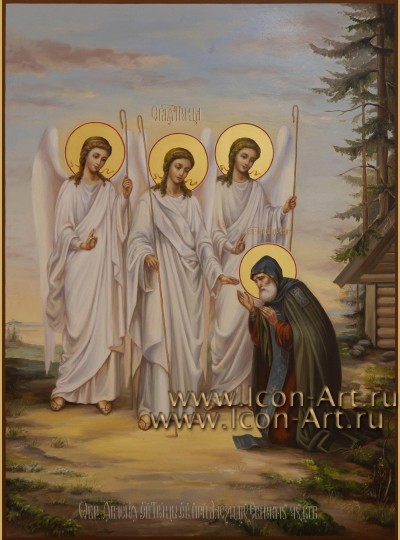 Рукописная икона Явление Пресвятой Троицы святому Александру Свирскому 30*40см