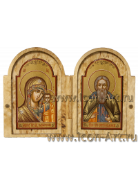 Складень из карельской березы 5*8см Пресвятая Богородица Казанская и святой Сергий Радонежский