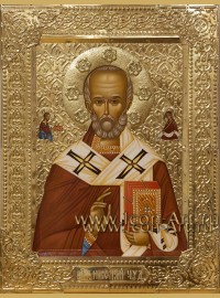 Рукописная Икона святителя Николая Чудотворца в посеребренном окладе 21*28см