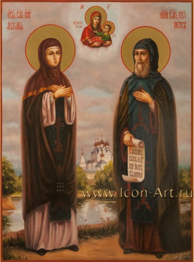 Рукописная Икона святых Петра и Февронии Муромских 21*28см