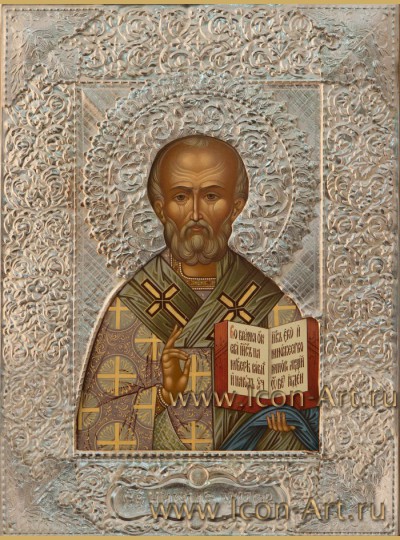 Рукописная Икона святителя Николая Чудотворца в посеребренном окладе 21*28см