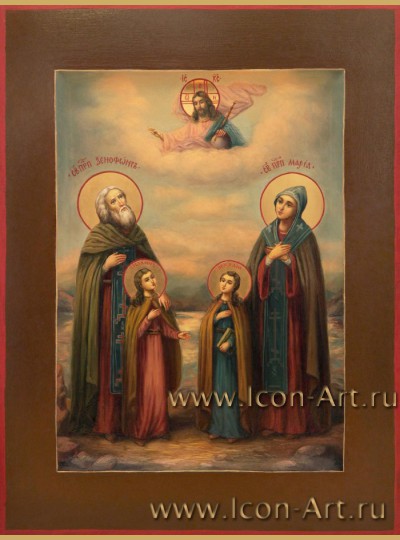 Рукописная Икона Преподобных Ксенофонта, Марии и их чада Иоанн и Аркадий 21*28см